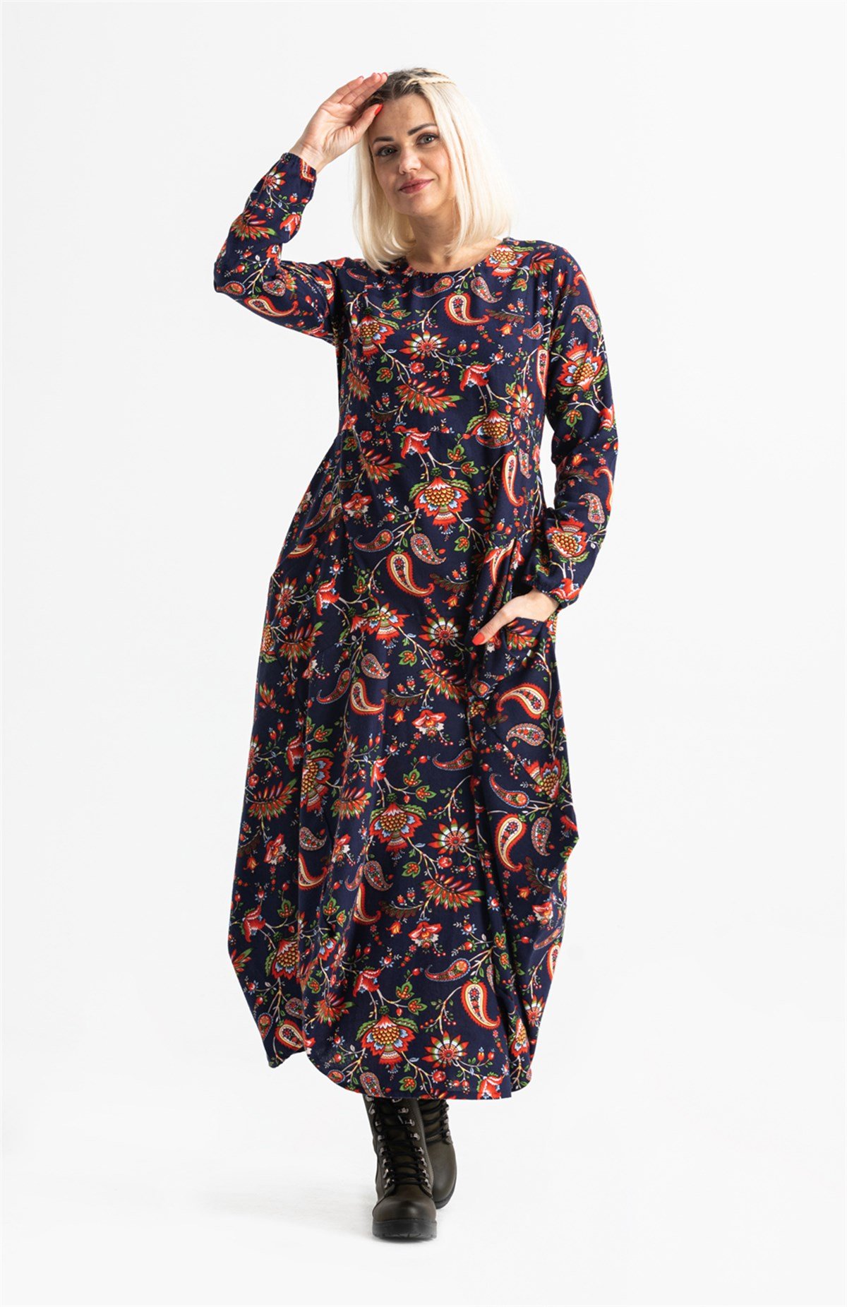 Uzun Kol Pazen Ayşegül Desenli Uzun Elbise Lacivert Lcvt