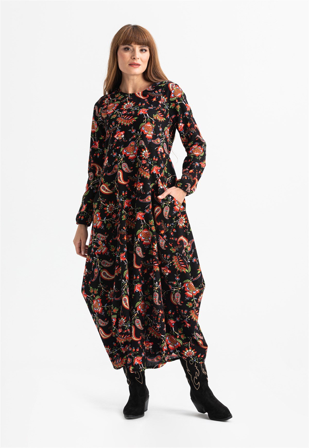 Uzun Kol Pazen Ayşegül Desenli Uzun Elbise Siyah Syh