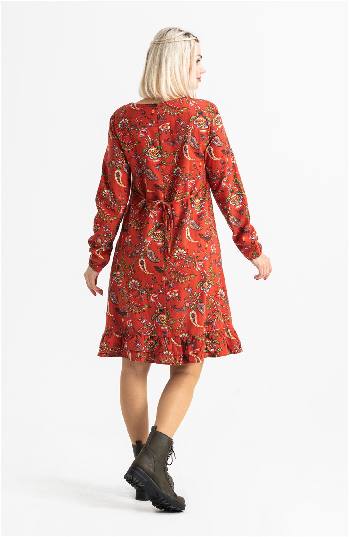 Uzun Kol Pazen Bade Desenli Kısa Elbise Bordo Brd