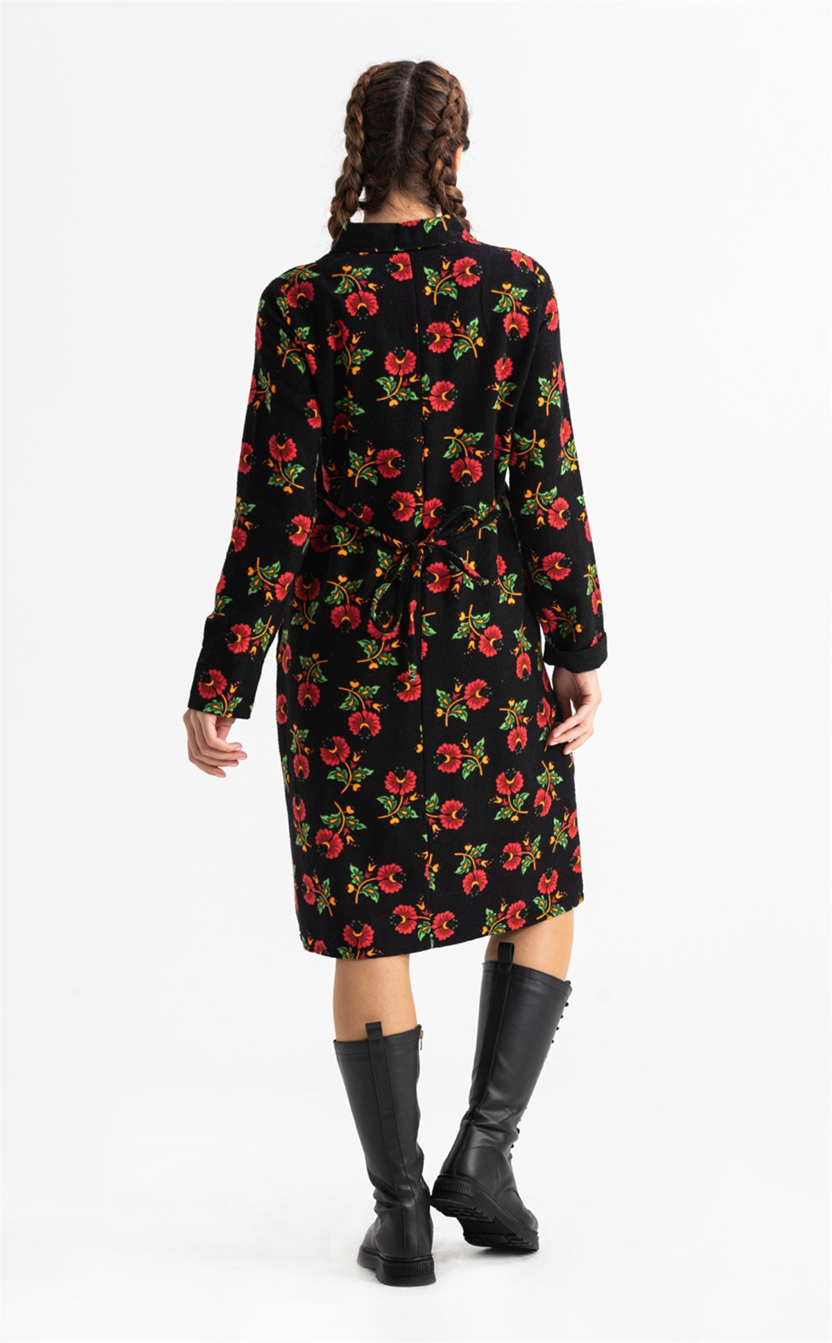 Uzun Kol Pazen Çiçek Desen Midi Boy Şirin Elbise Siyah Syh