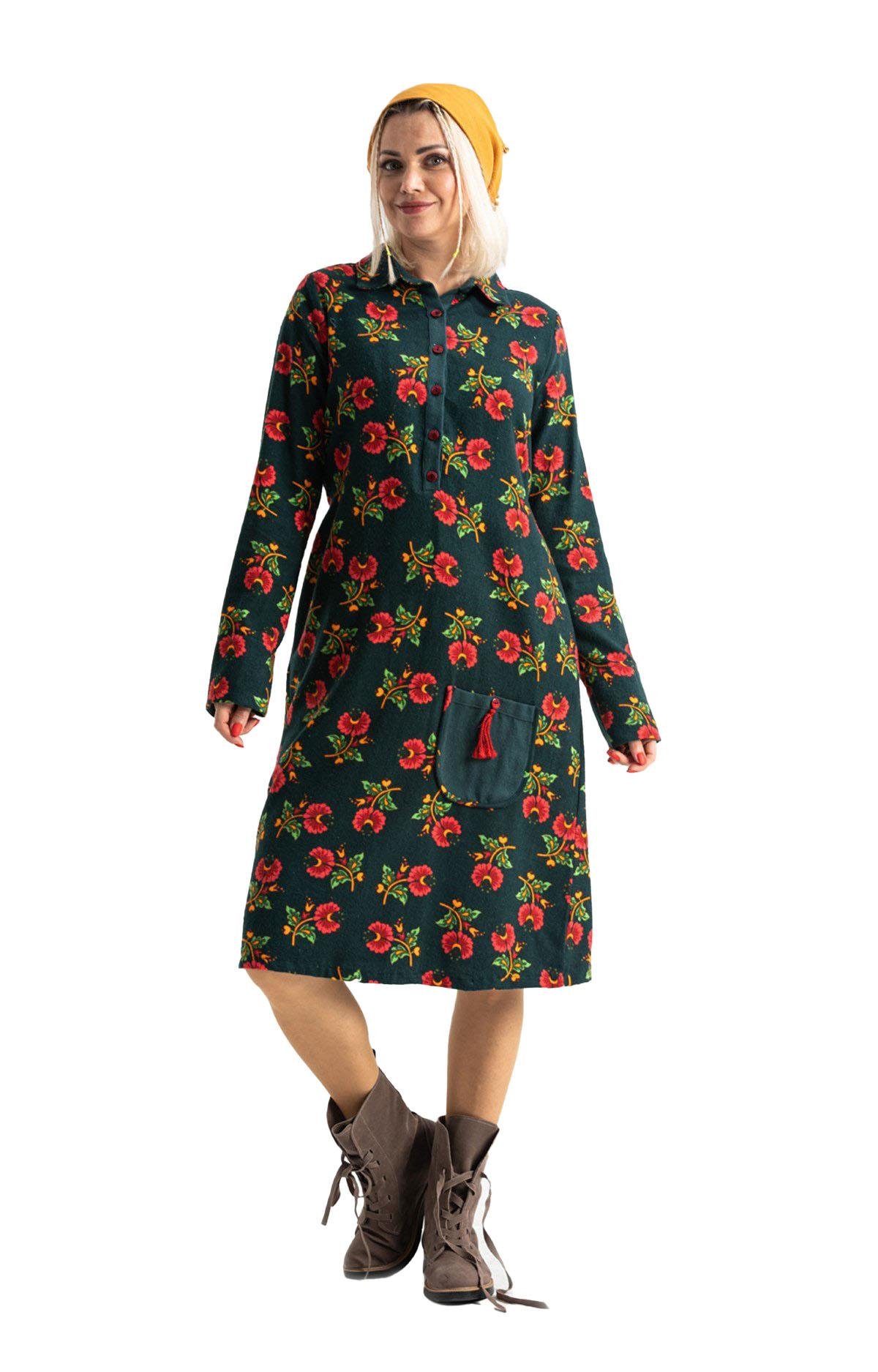 Uzun Kol Pazen Çiçek Desen Midi Boy Şirin Sonbahar ve Kışlık Elbise Yeşil Ysl