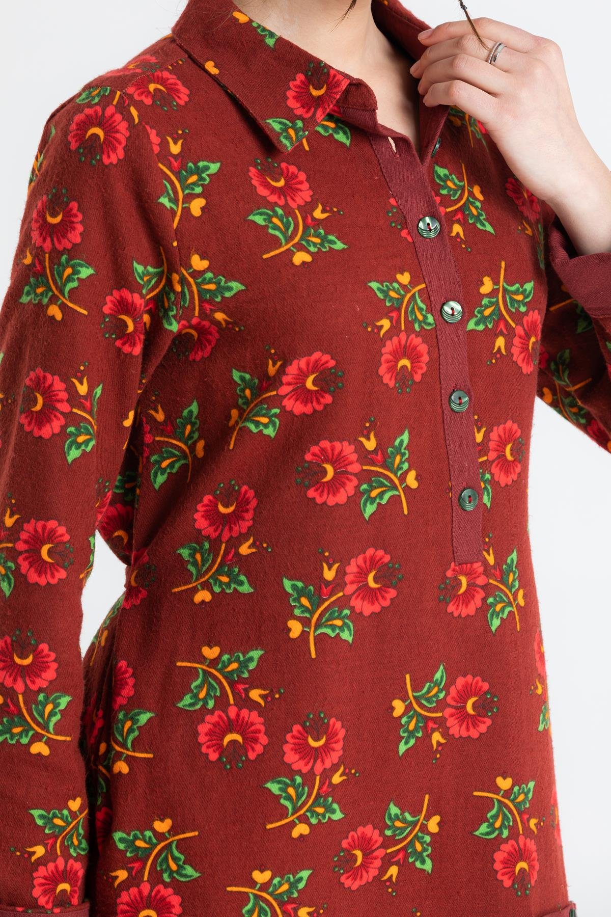 Uzun Kol Pazen Çiçek Desen Midi Boy Şirin Elbise Bordo Brd