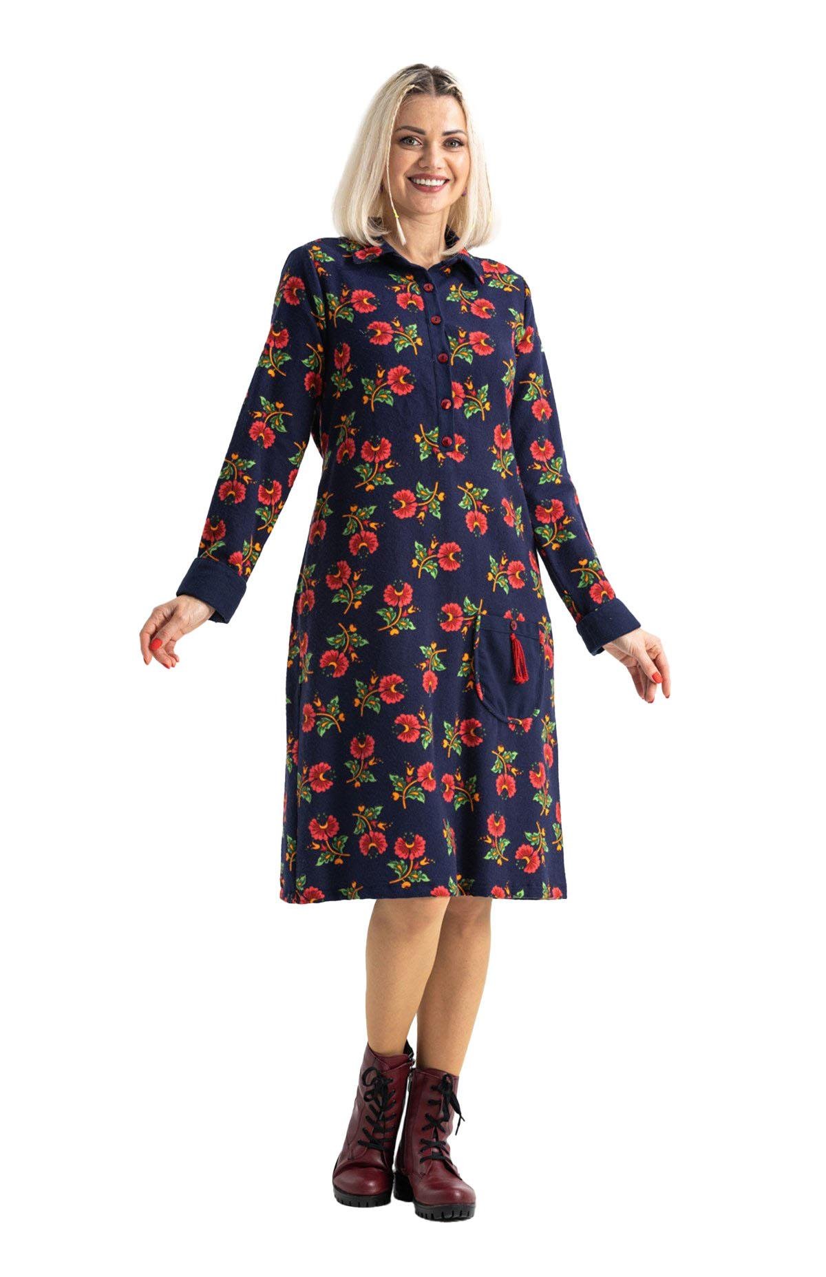 Uzun Kol Pazen Çiçek Desen Midi Boy Şirin Sonbahar ve Kışlık Elbise Lacivert Lcvt