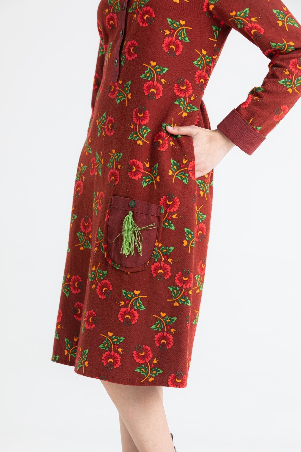 Uzun Kol Pazen Çiçek Desen Midi Boy Şirin Elbise Bordo Brd