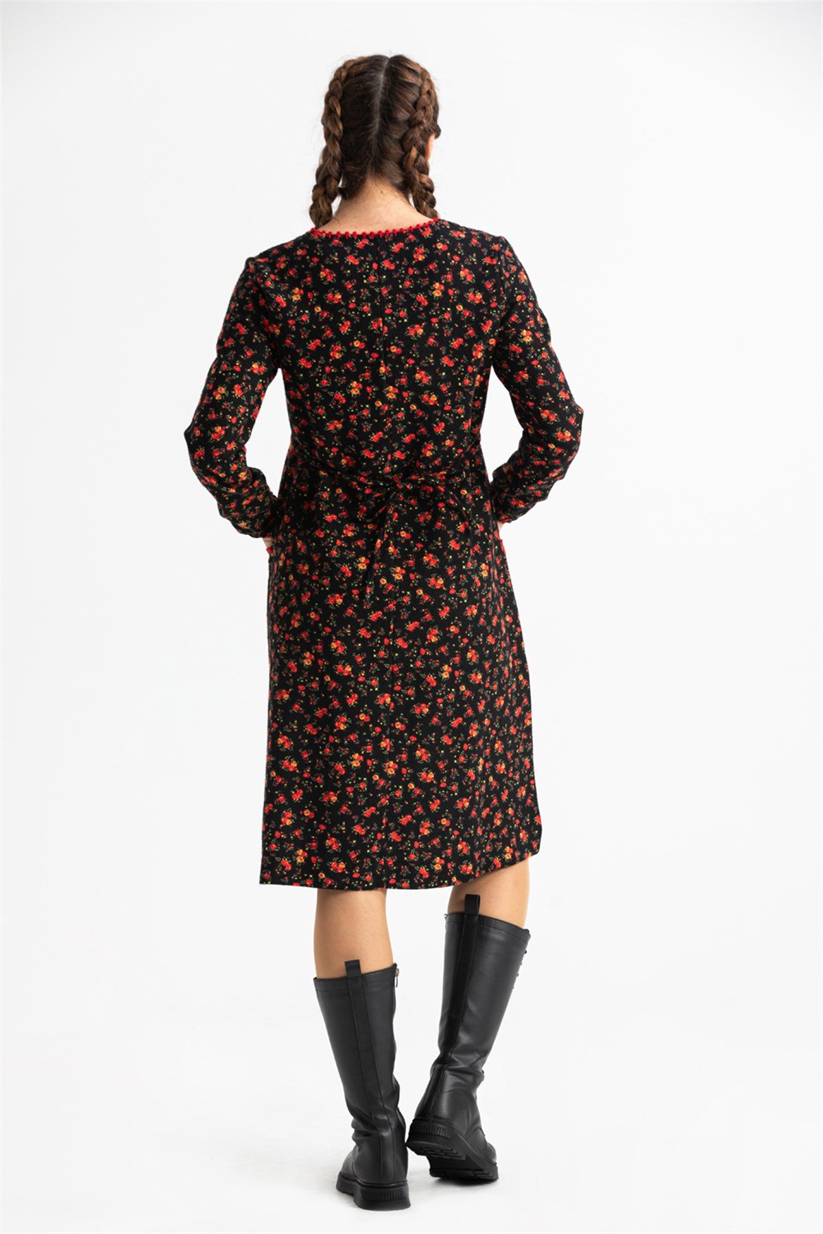 Long Sleeve Flannel Dilan Embroidered Midi Length Dress Black