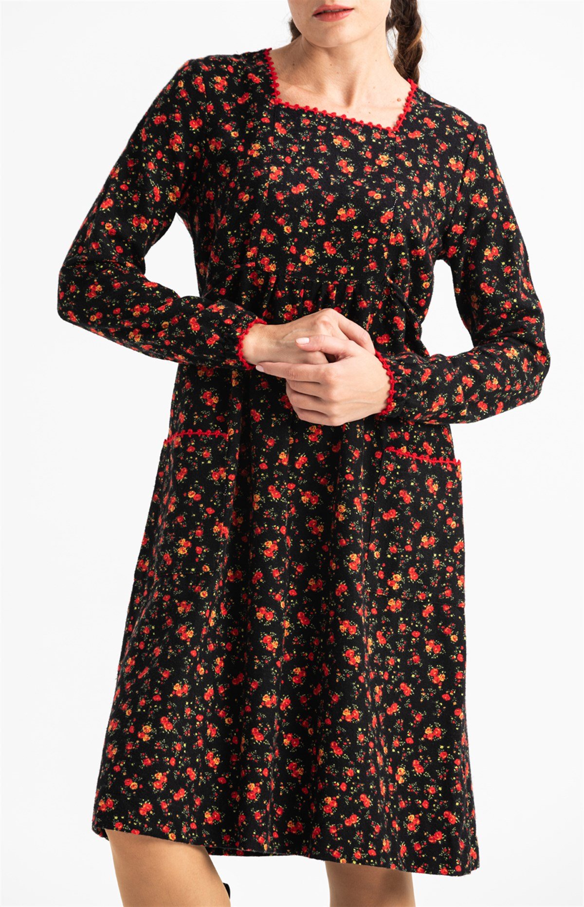 Long Sleeve Flannel Dilan Embroidered Midi Length Dress Black