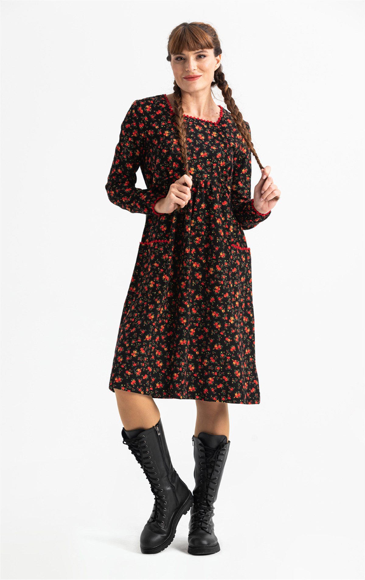 Long Sleeve Flannel Dilan Embroidered Midi Length Dress Black