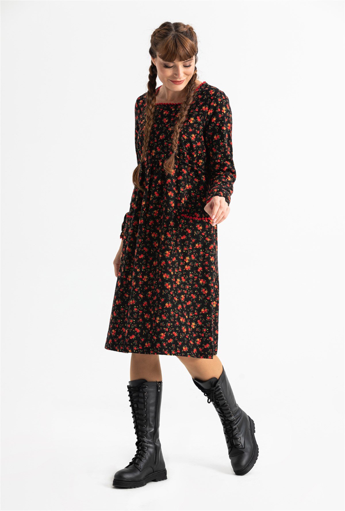 Long Sleeve Flannel Dilan Embroidered Midi Length Dress Black