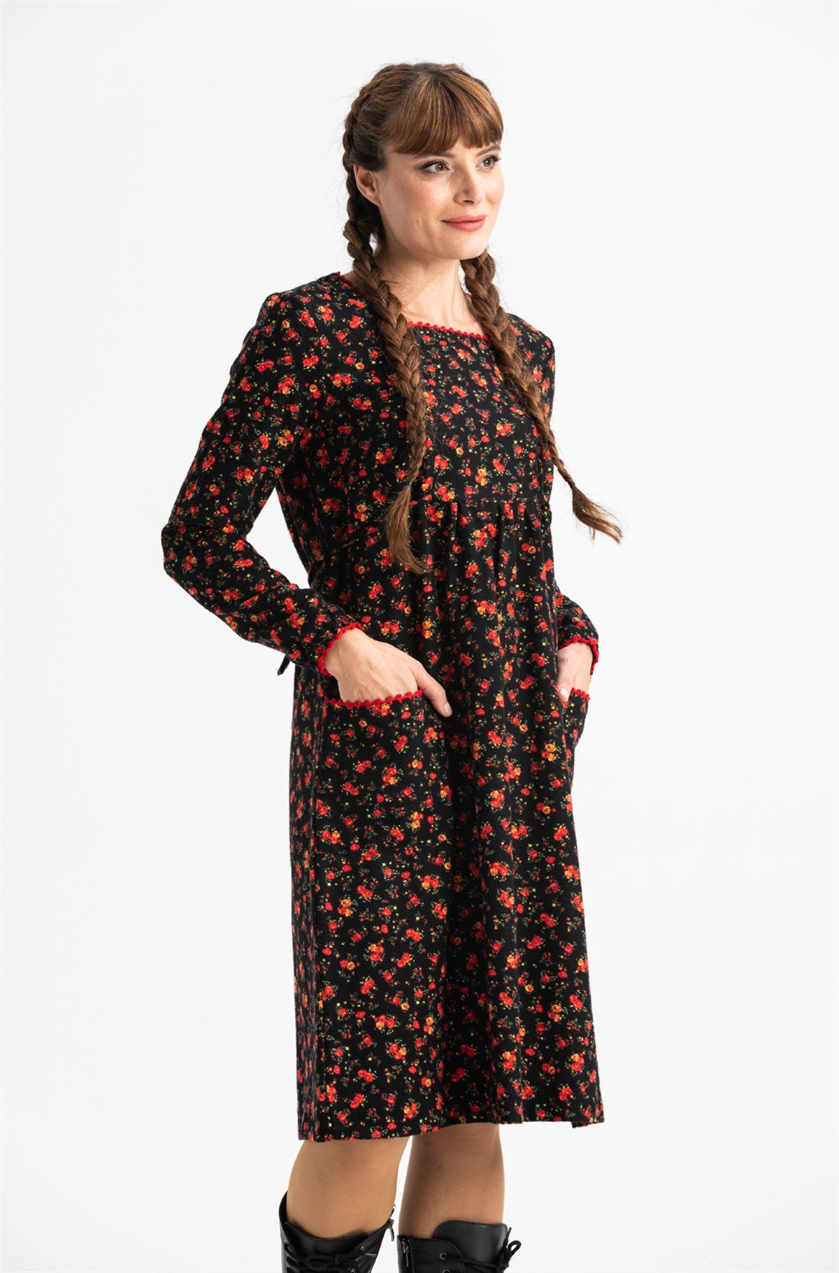 Long Sleeve Flannel Dilan Embroidered Midi Length Dress Black