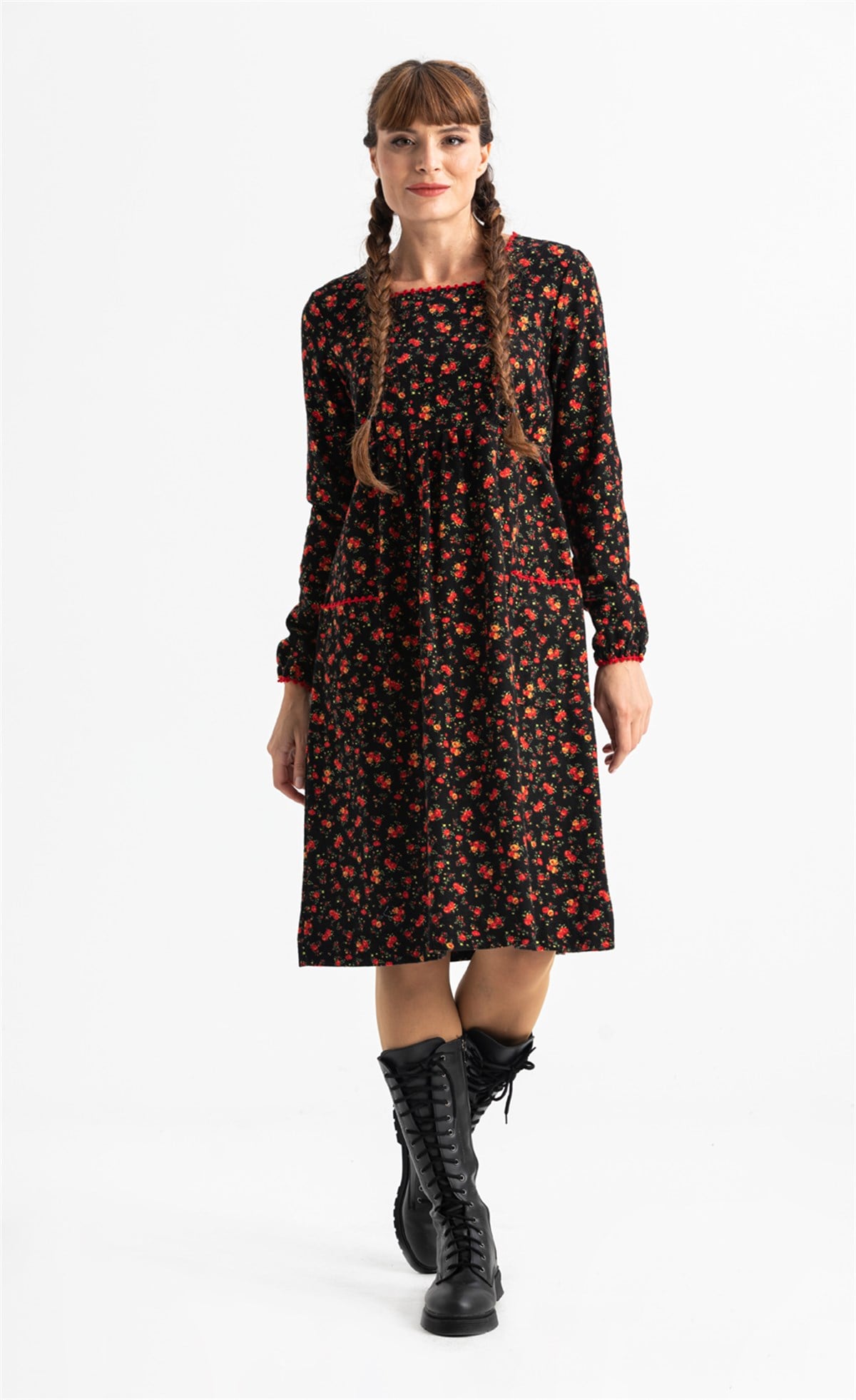 Long Sleeve Flannel Dilan Embroidered Midi Length Dress Black