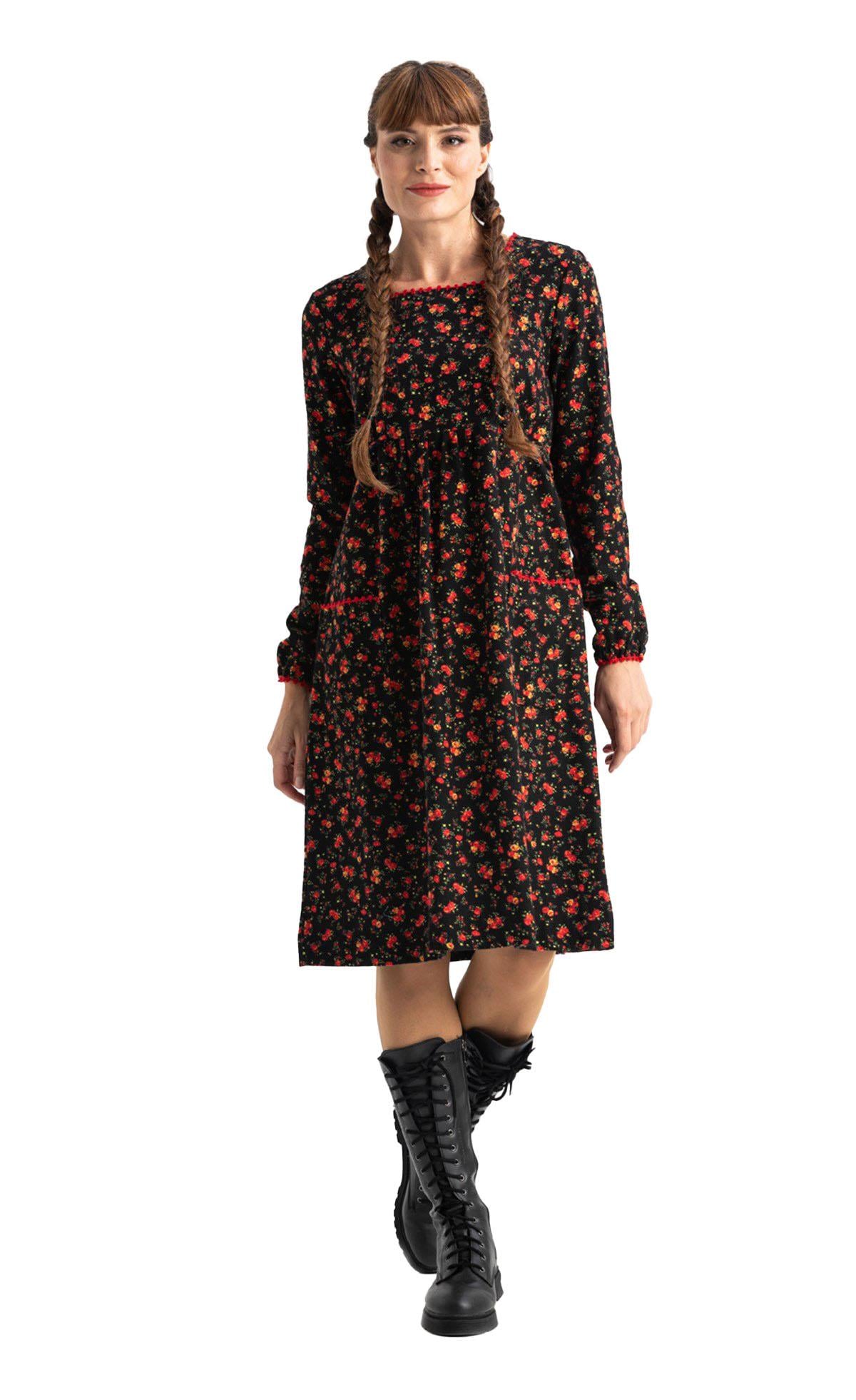 Long Sleeve Flannel Dilan Embroidered Midi Length Dress Black