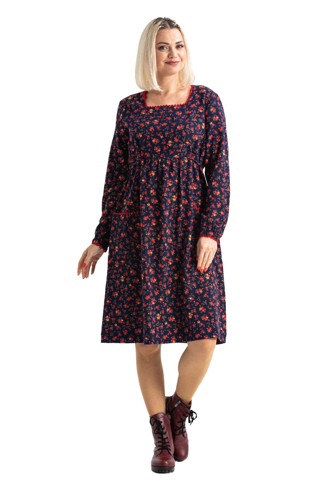 Long Sleeve Flannel Dilan Embroidered Midi Length Dress Navy Blue