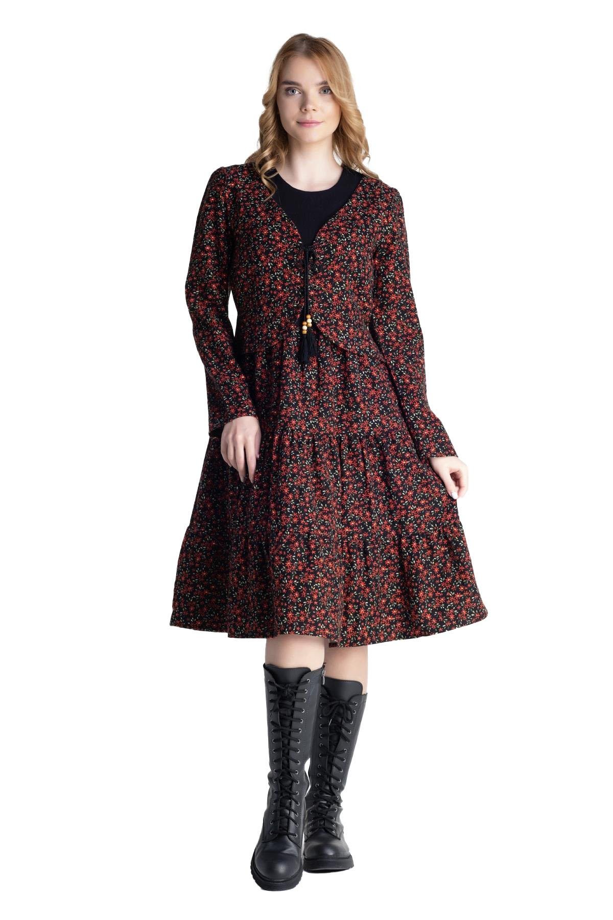 Long Sleeve Flannel Fulya Jacket Midi Length Autumn and Winter Dress Black