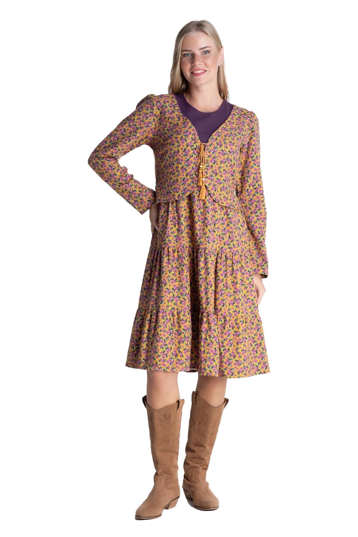Long Sleeve Flannel Fulya Jacket Midi Length Autumn and Winter Dress Mustard