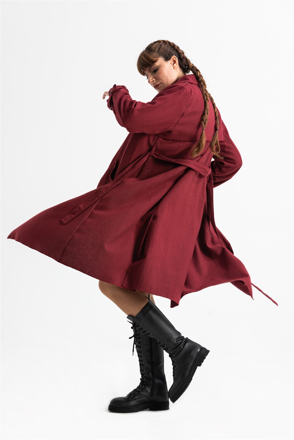 Uzun Kol Pazen Güz Kuşaklı Ceket Bordo Brd