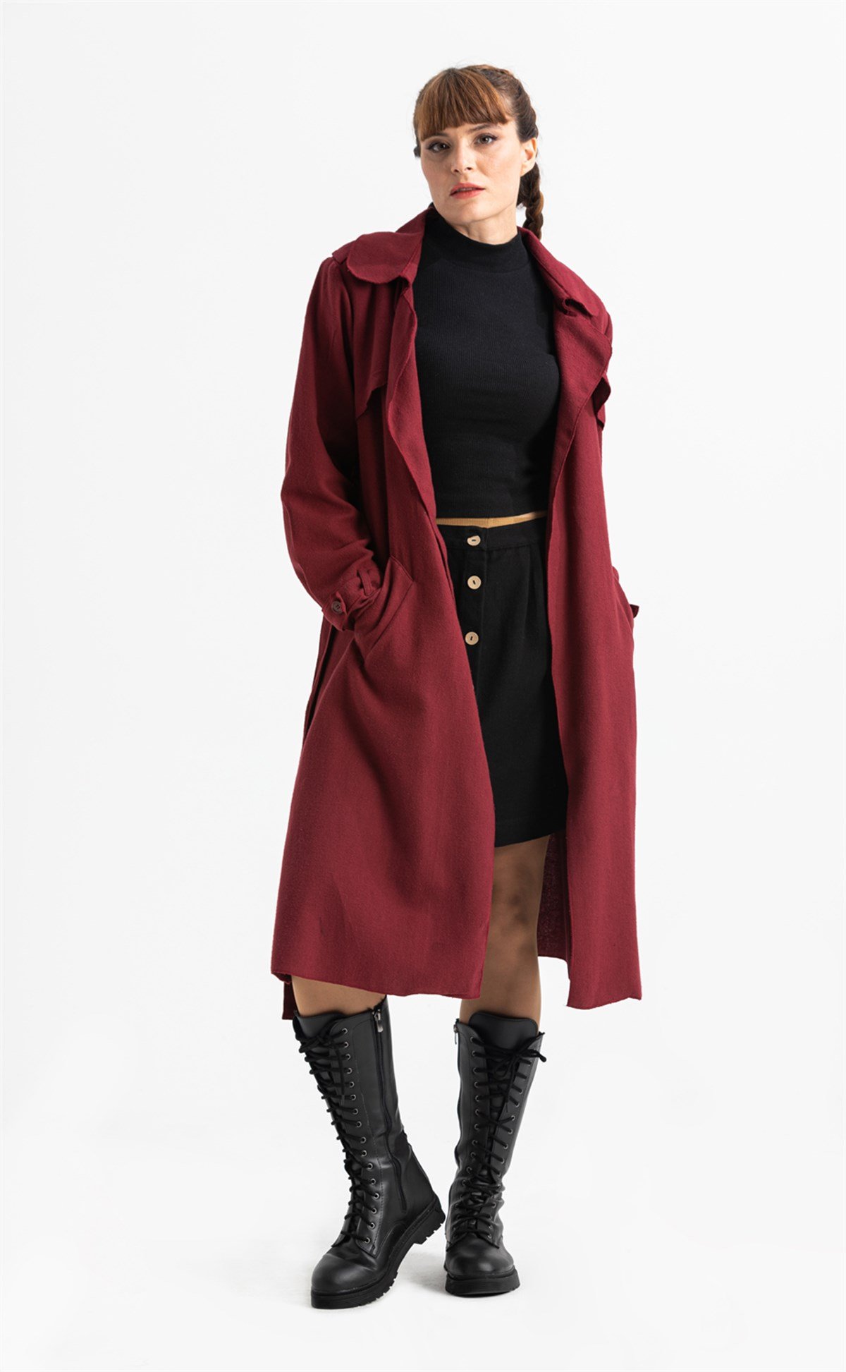 Uzun Kol Pazen Güz Kuşaklı Ceket Bordo Brd