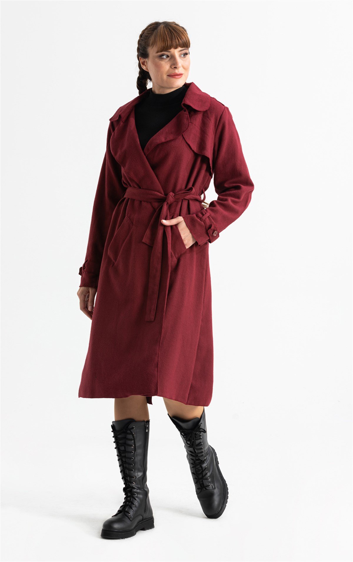 Uzun Kol Pazen Güz Kuşaklı Ceket Bordo Brd