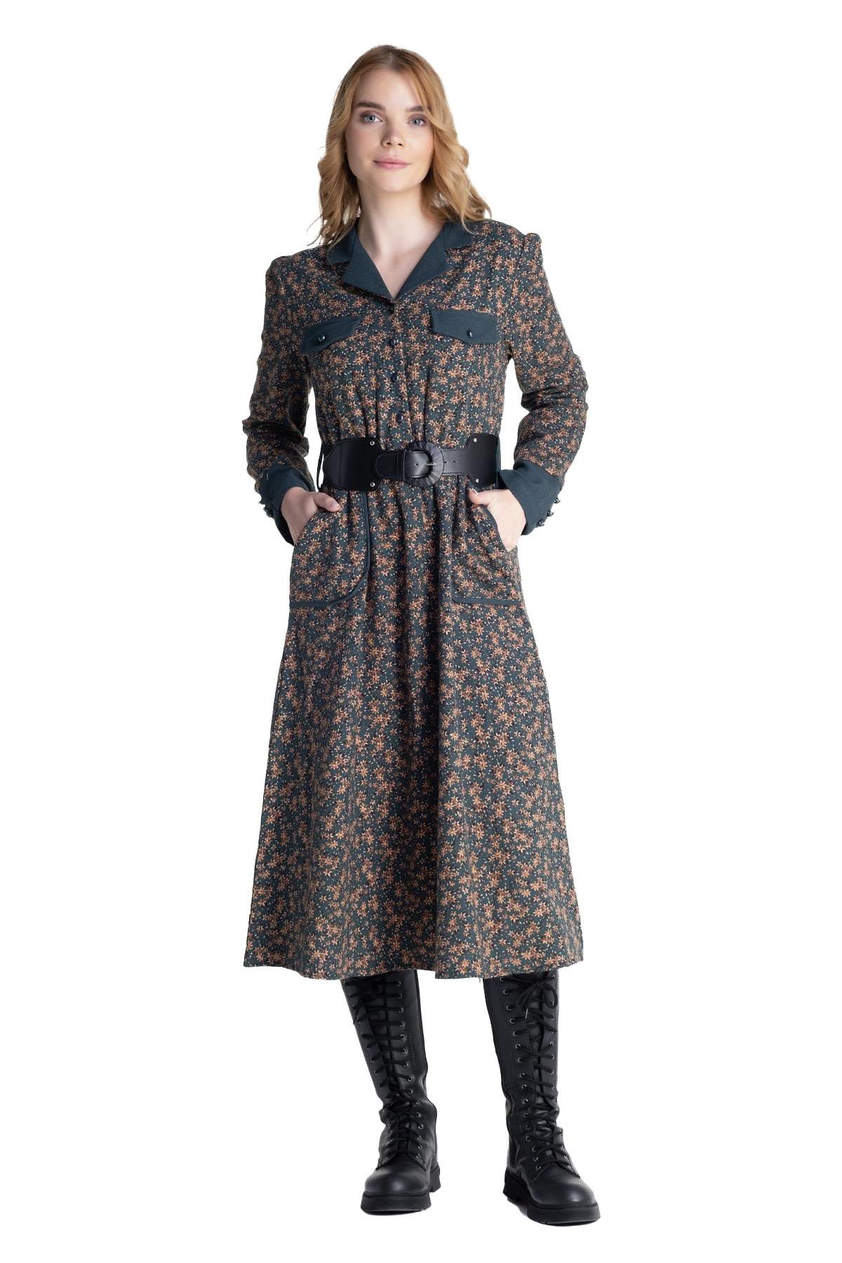 Long Sleeve Flannel Hercai Belt Detailed Midi Length Autumn and Winter Dress Green