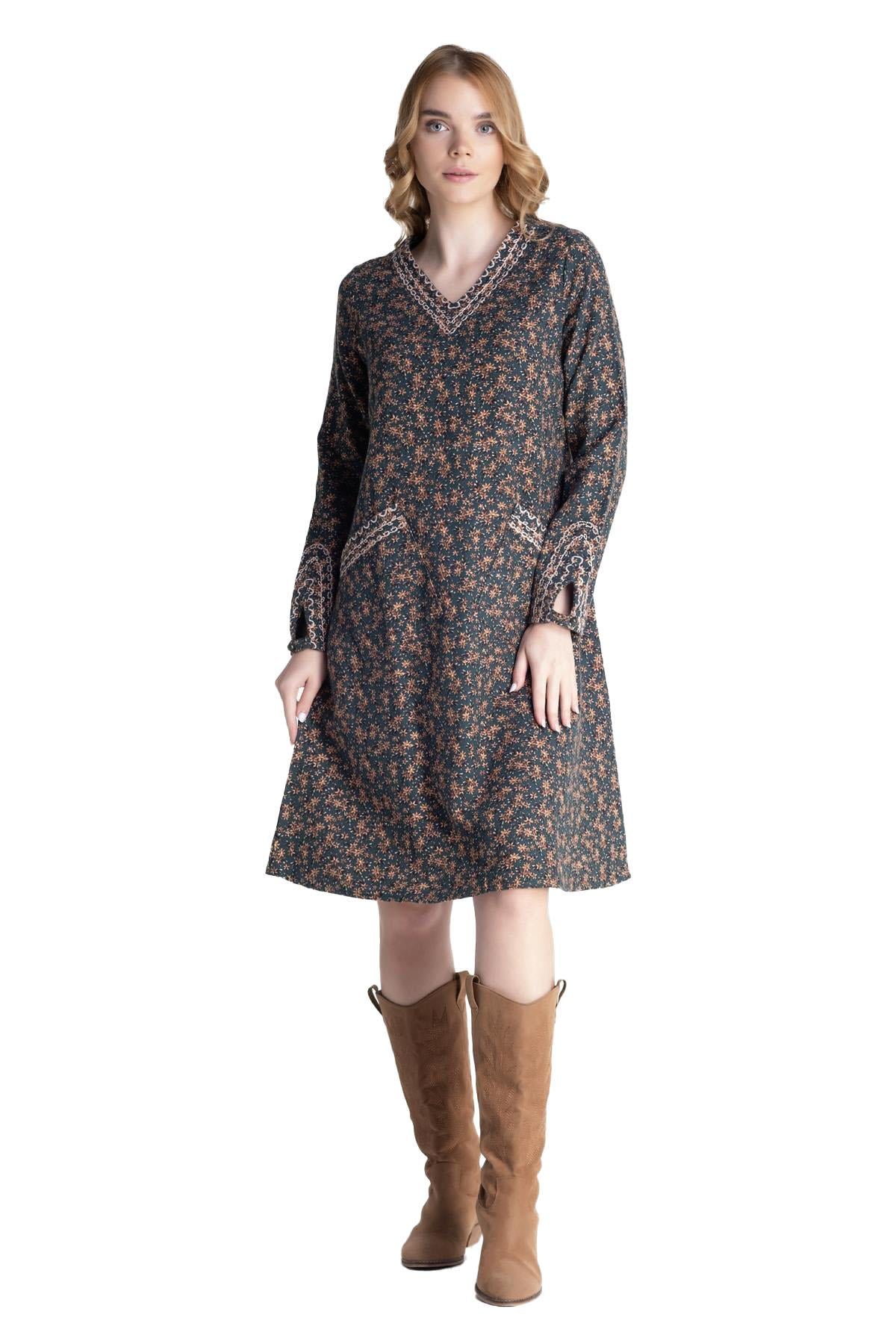 Long Sleeve Flannel Lina Flower Pattern Midi Length Autumn and Winter Dress Green