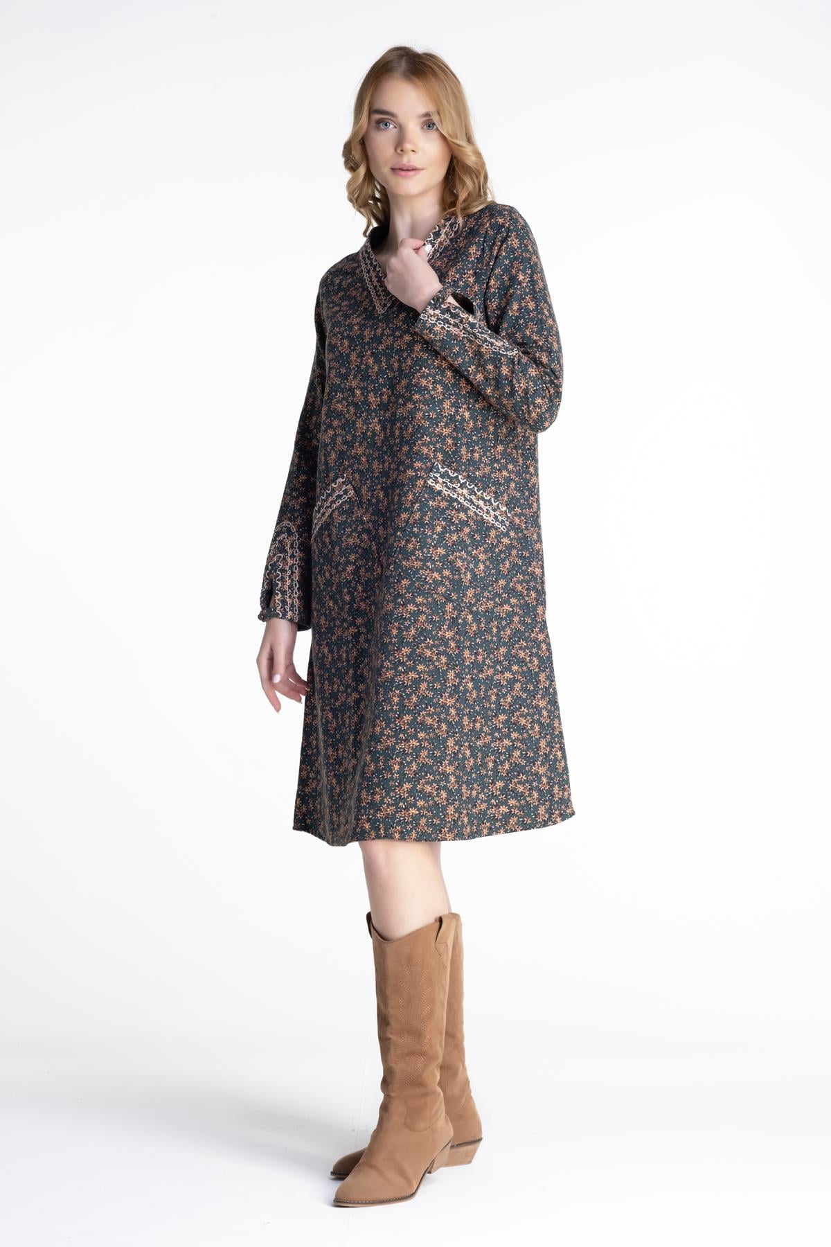 Long Sleeve Flannel Lina Flower Pattern Midi Length Autumn and Winter Dress Green