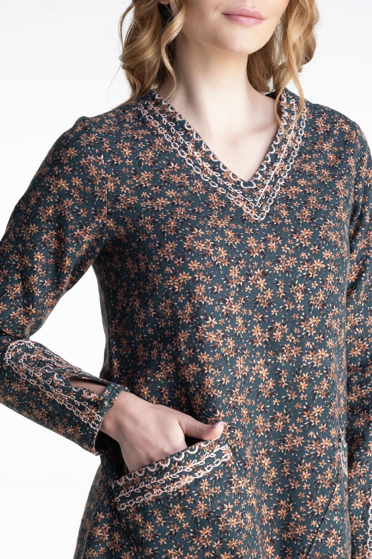 Long Sleeve Flannel Lina Flower Pattern Midi Length Autumn and Winter Dress Green