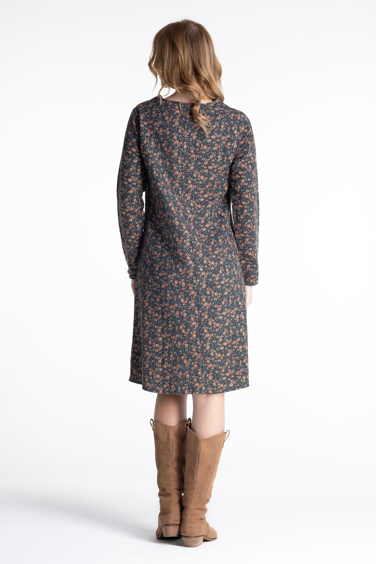 Long Sleeve Flannel Lina Flower Pattern Midi Length Autumn and Winter Dress Green