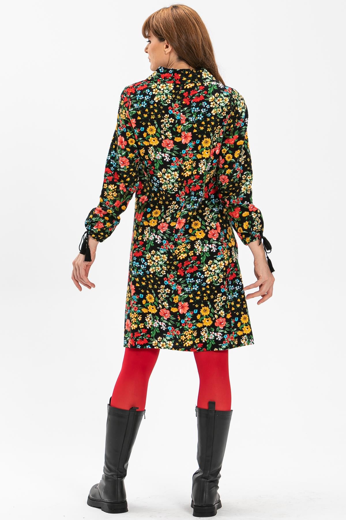 Long Sleeve Flannel Necla Short Dress Spring Pattern Black