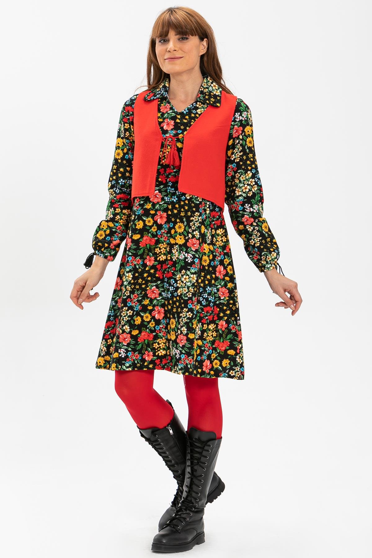 Long Sleeve Flannel Necla Short Dress Spring Pattern Black