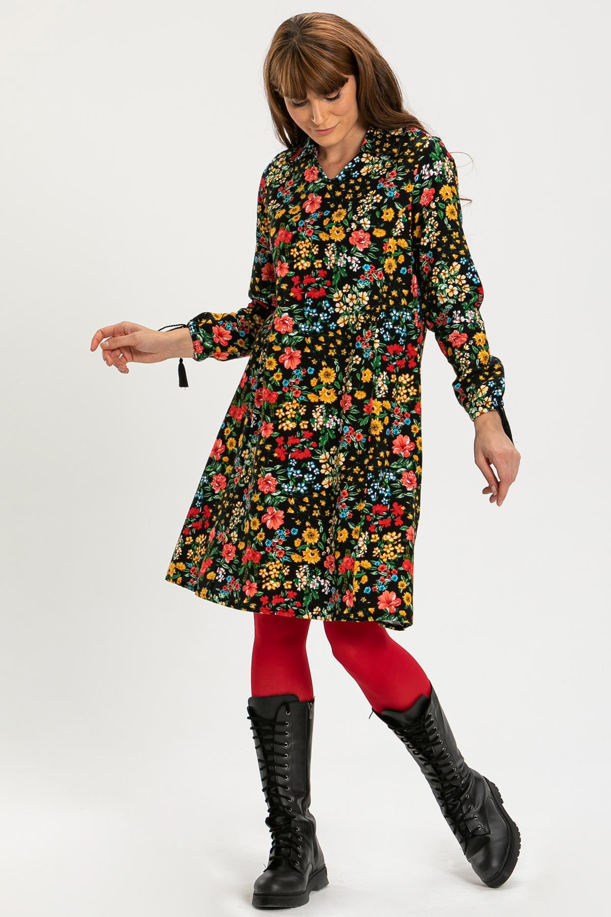 Long Sleeve Flannel Necla Short Dress Spring Pattern Black