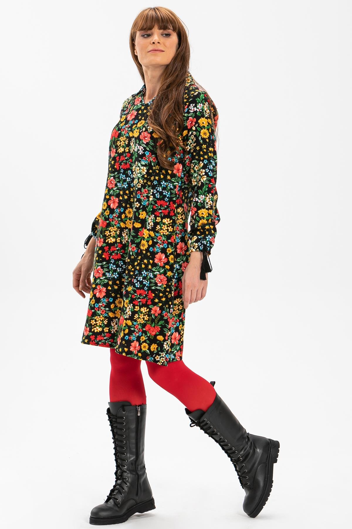 Long Sleeve Flannel Necla Short Dress Spring Pattern Black