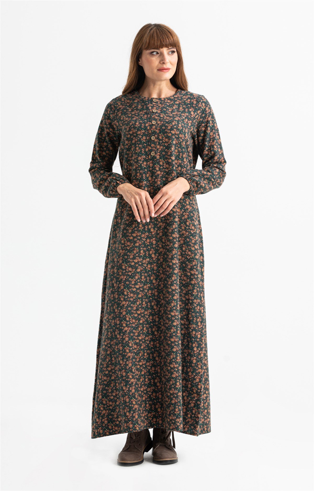 Long Sleeve Flannel Nurcan Long Dress Petrol