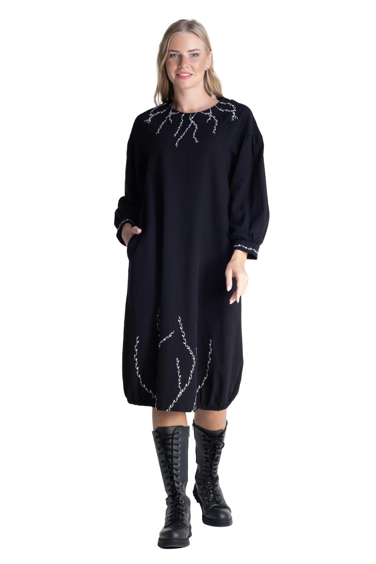 Long Sleeve Flannel Sarmaşık Pocket Skirt Detailed Midi Length Autumn and Winter Dress Black