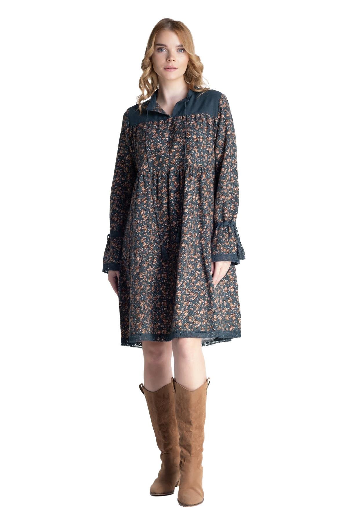 Long Sleeve Flannel Selma Tie Detailed Short Autumn and Winter Dress Petrol