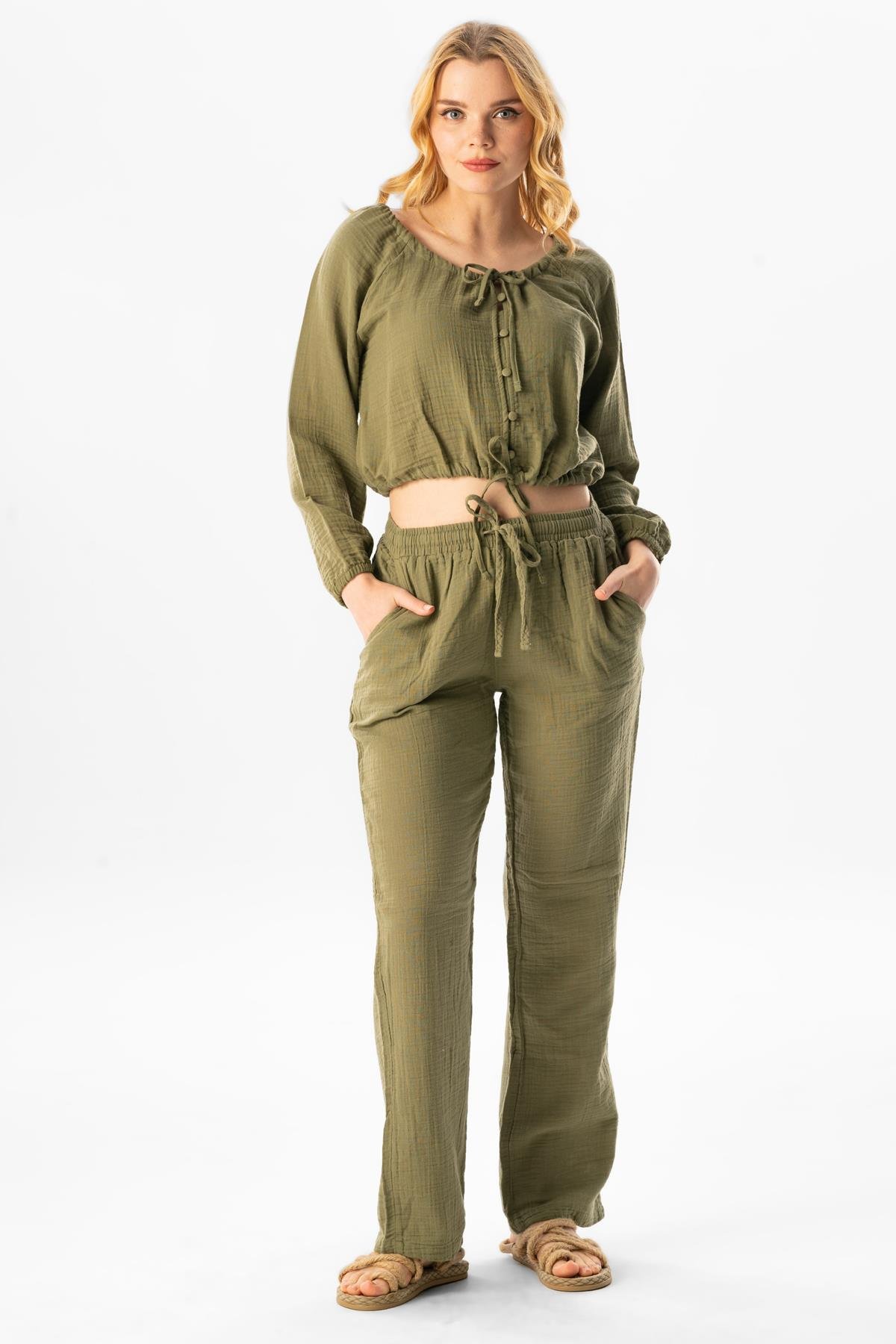 Long Sleeve Muslin Rana Ruffle Detailed Blouse Khaki