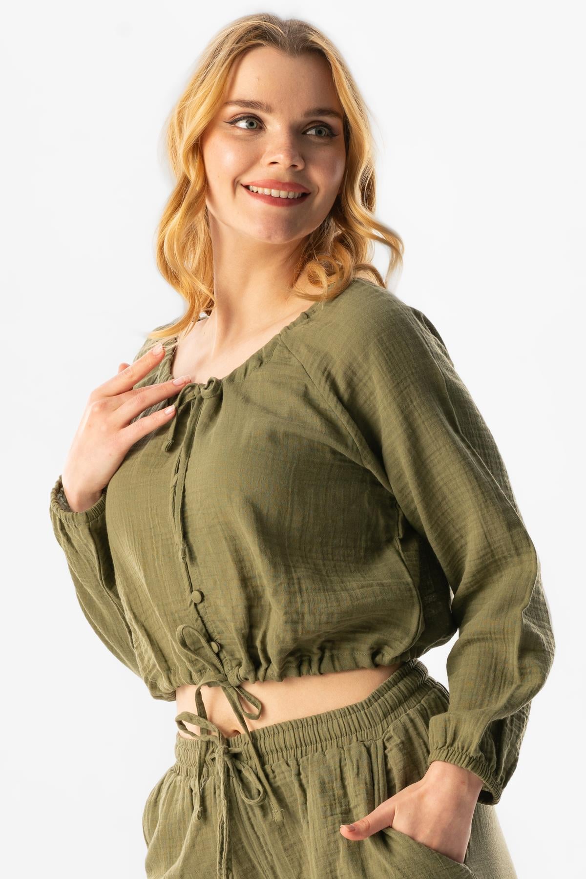 Long Sleeve Muslin Rana Ruffle Detailed Blouse Khaki