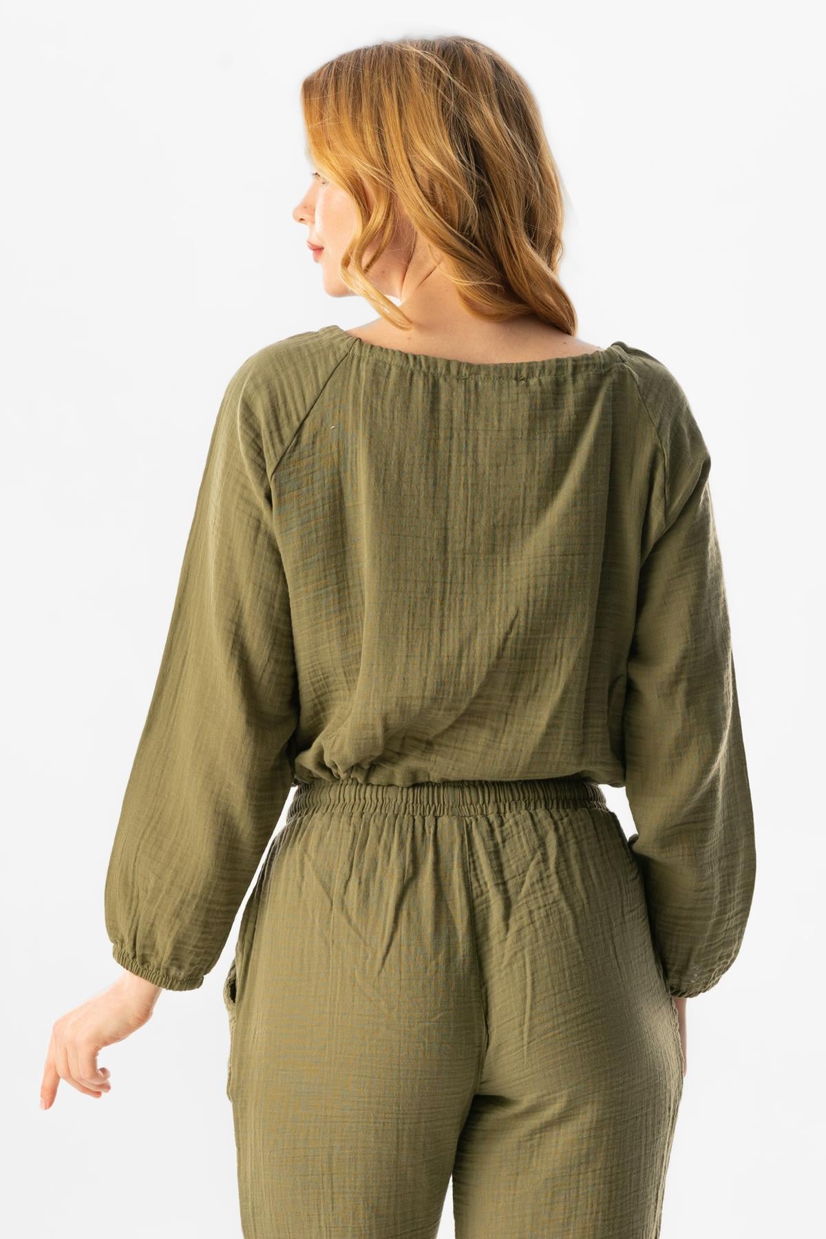 Long Sleeve Muslin Rana Ruffle Detailed Blouse Khaki