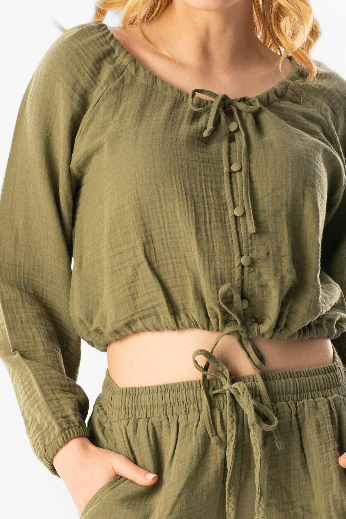 Long Sleeve Muslin Rana Ruffle Detailed Blouse Khaki
