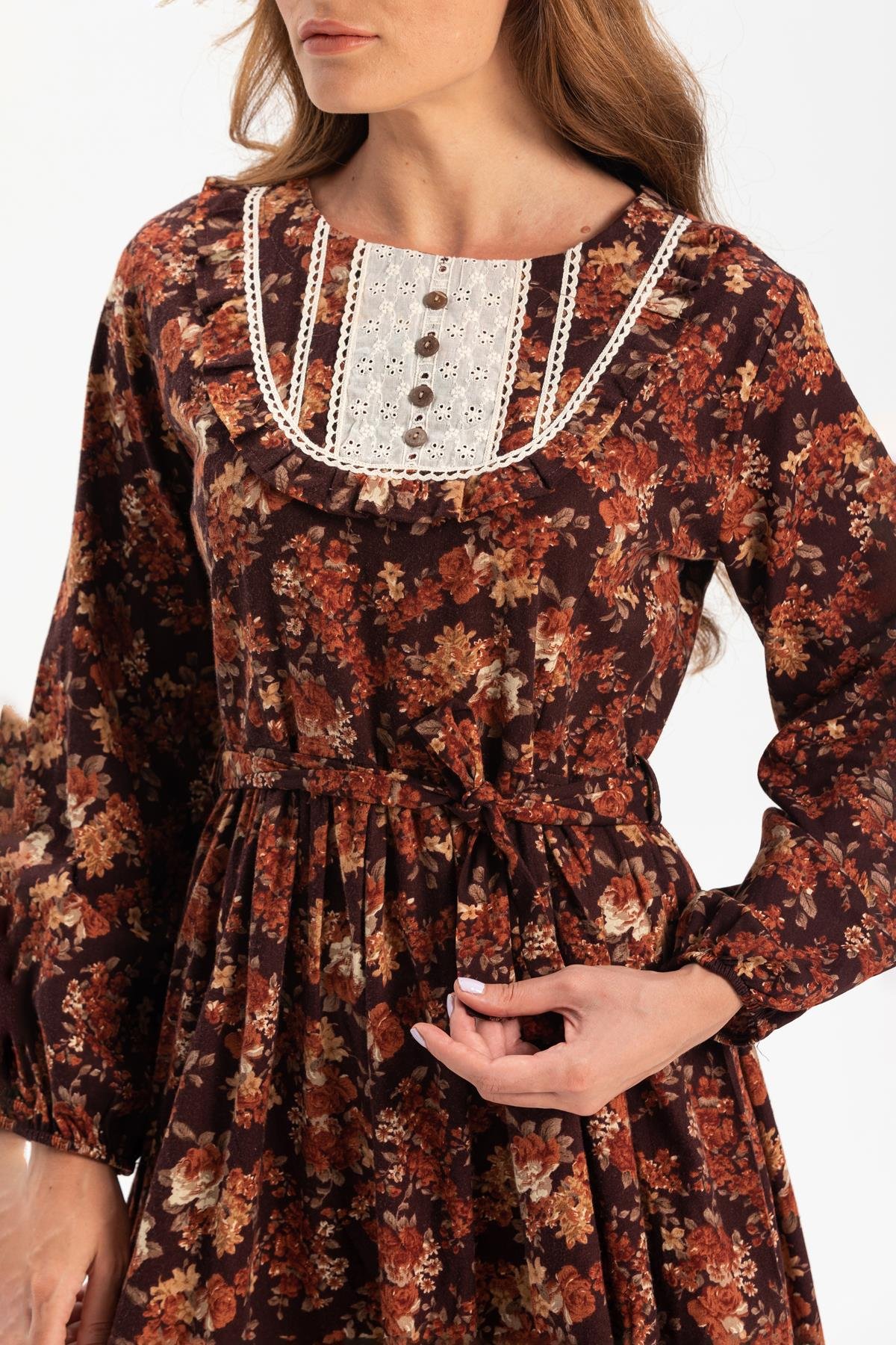 Long Sleeve Flannel Safir Long Dress Brown