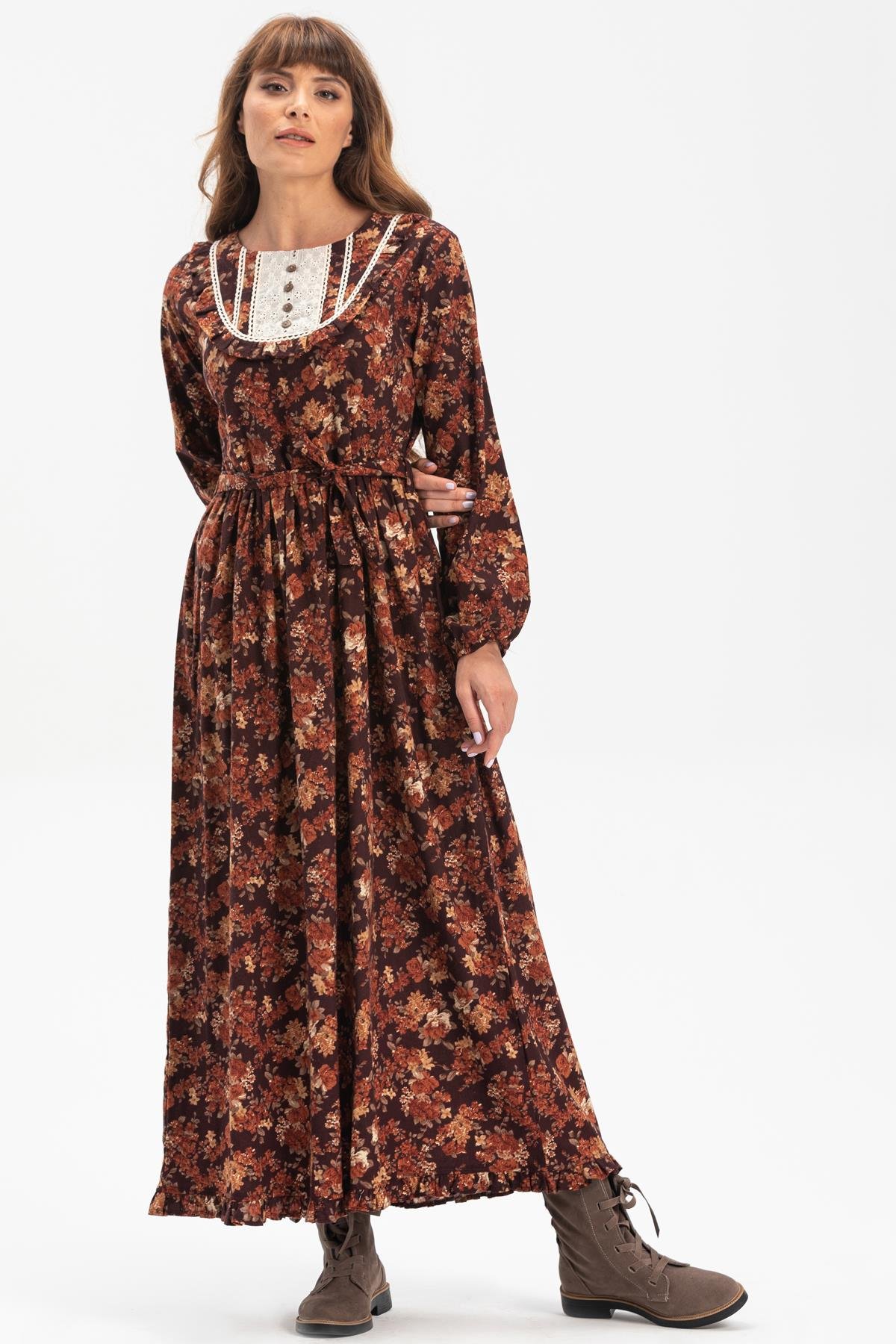 Long Sleeve Flannel Safir Long Dress Brown