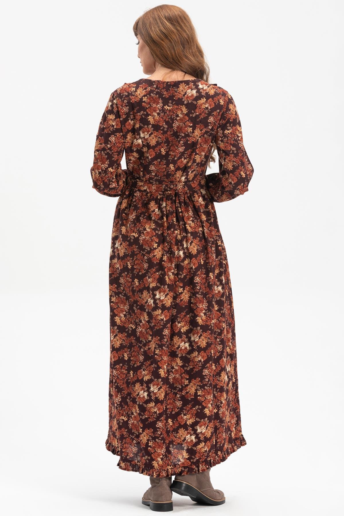Long Sleeve Flannel Safir Long Dress Brown