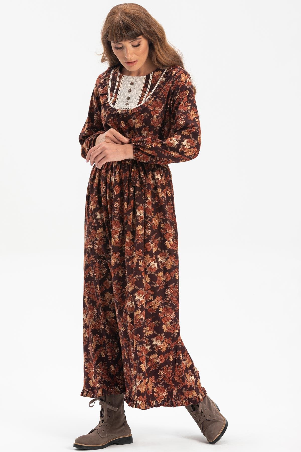 Long Sleeve Flannel Safir Long Dress Brown