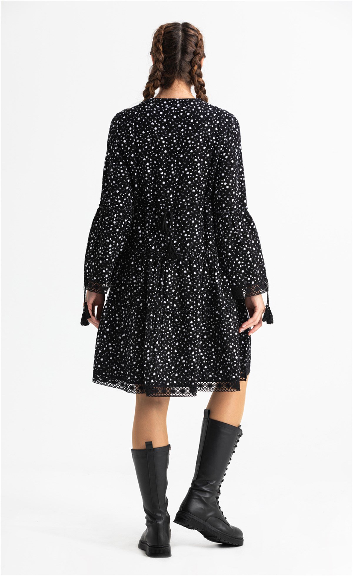 Uzun Kol Seçil Pazen Kısa Elbise Çıtır Desen Beyaz Byz