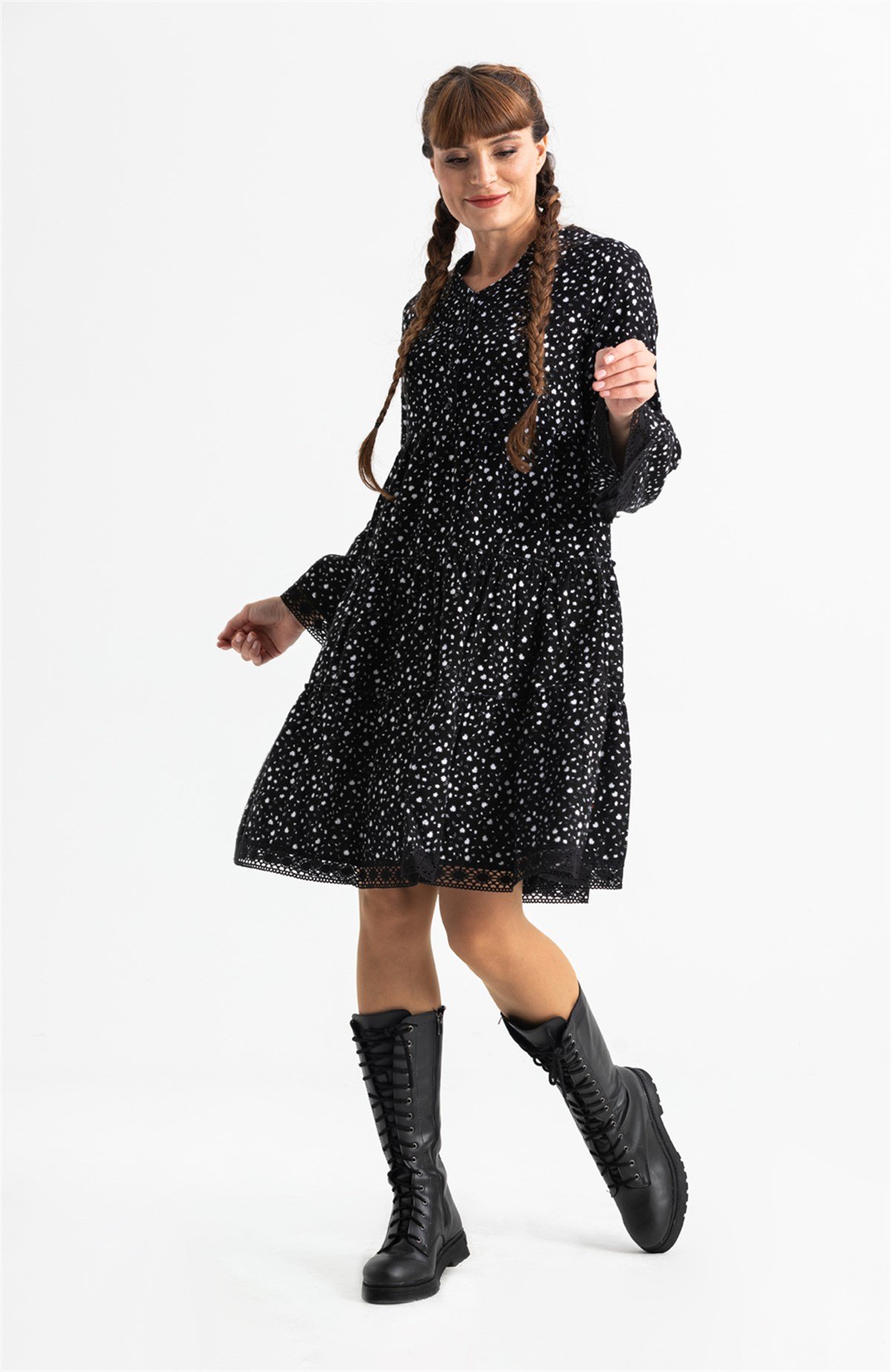 Uzun Kol Seçil Pazen Kısa Elbise Çıtır Desen Beyaz Byz