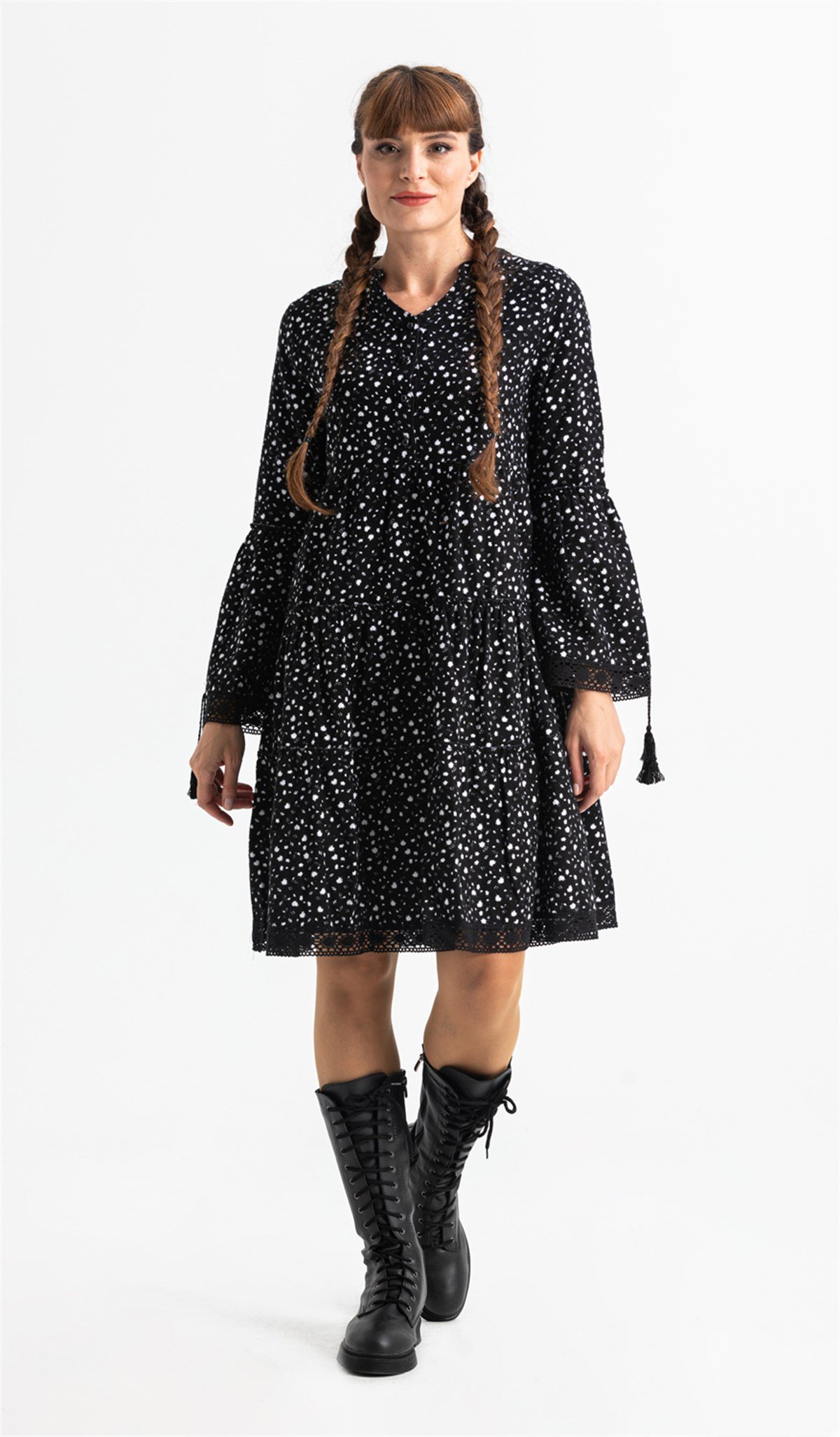 Uzun Kol Seçil Pazen Kısa Elbise Çıtır Desen Beyaz Byz