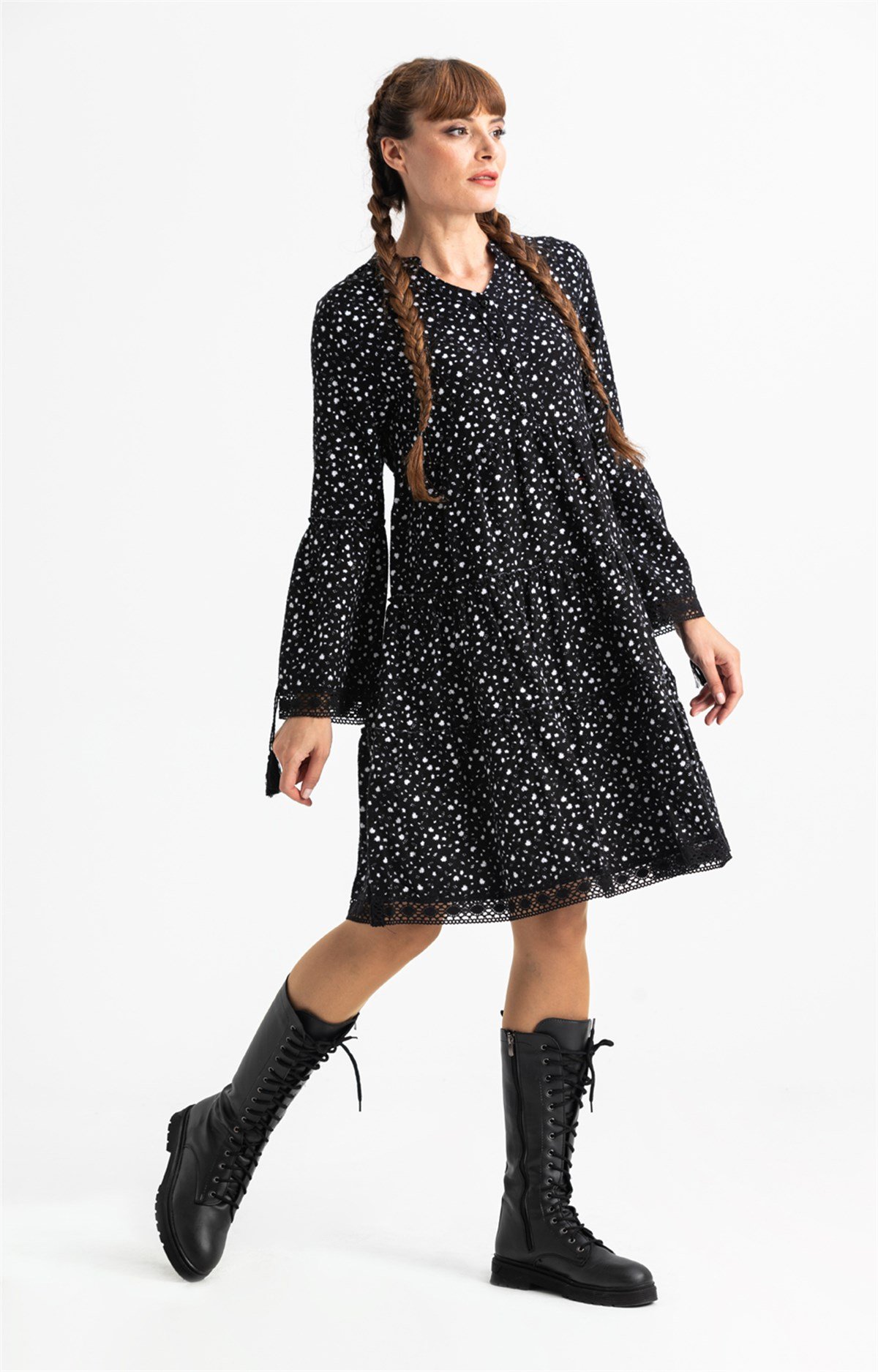 Uzun Kol Seçil Pazen Kısa Elbise Çıtır Desen Beyaz Byz