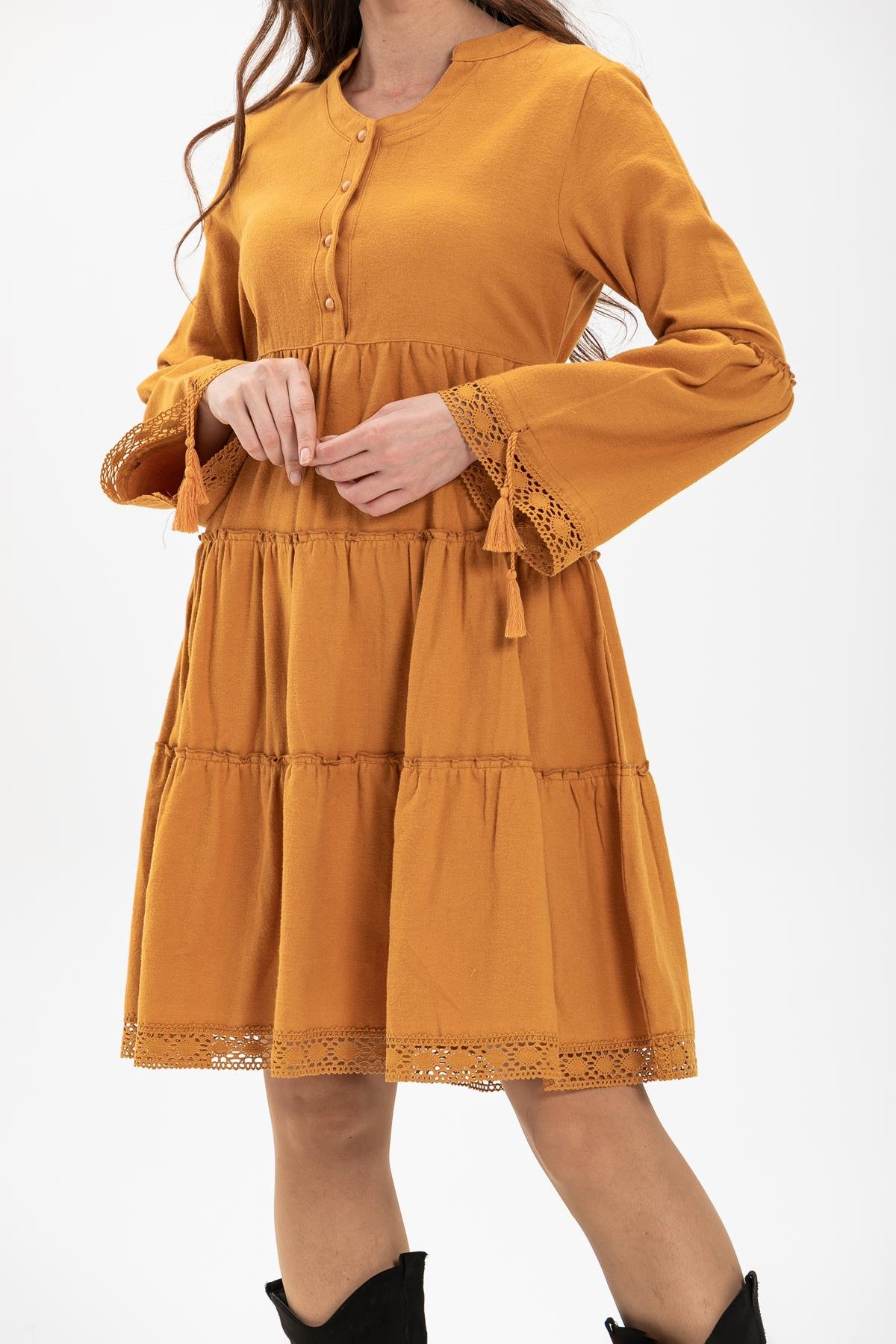 Uzun Kol Seçil Pazen Kısa Sonbahar ve Kışlık Elbise Hardal Hrd