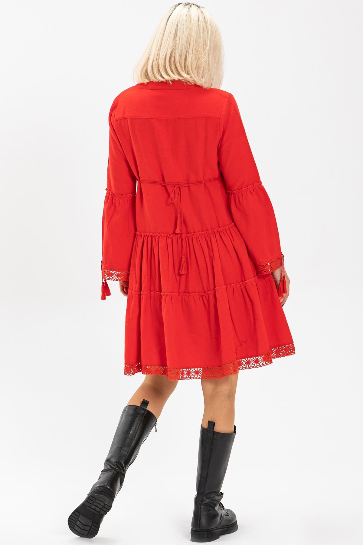 Uzun Kol Seçil Pazen Kısa Sonbahar ve Kışlık Elbise Kırmızı Krmz