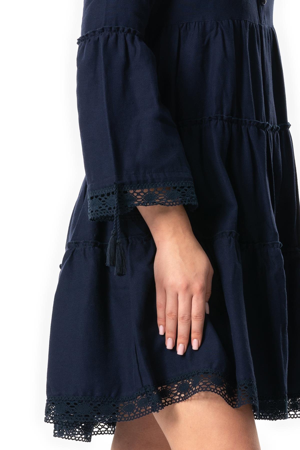 Uzun Kol Seçil Pazen Kısa Sonbahar ve Kışlık Elbise Lacivert Lcvt