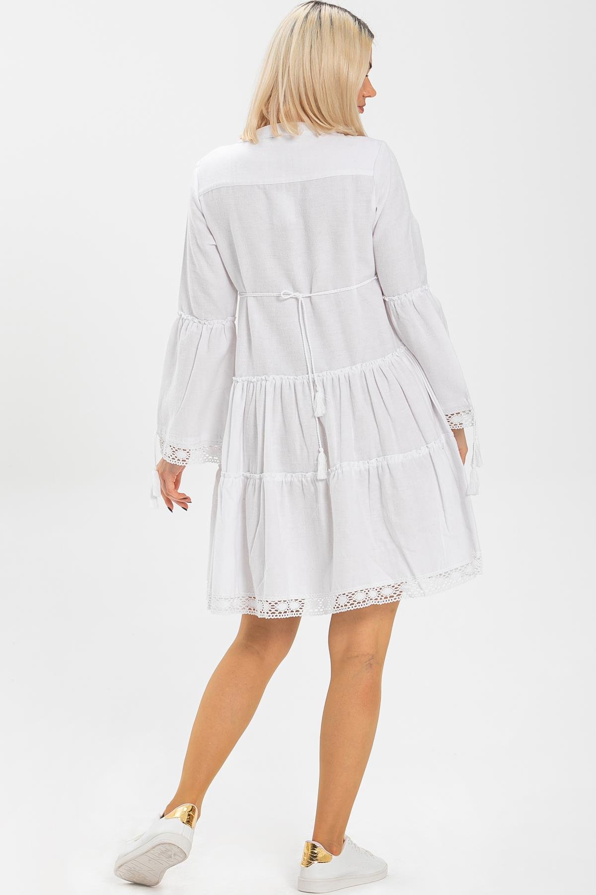 Uzun Kol Seçil Pazen Kısa Sonbahar ve Kışlık Elbise Beyaz Byz