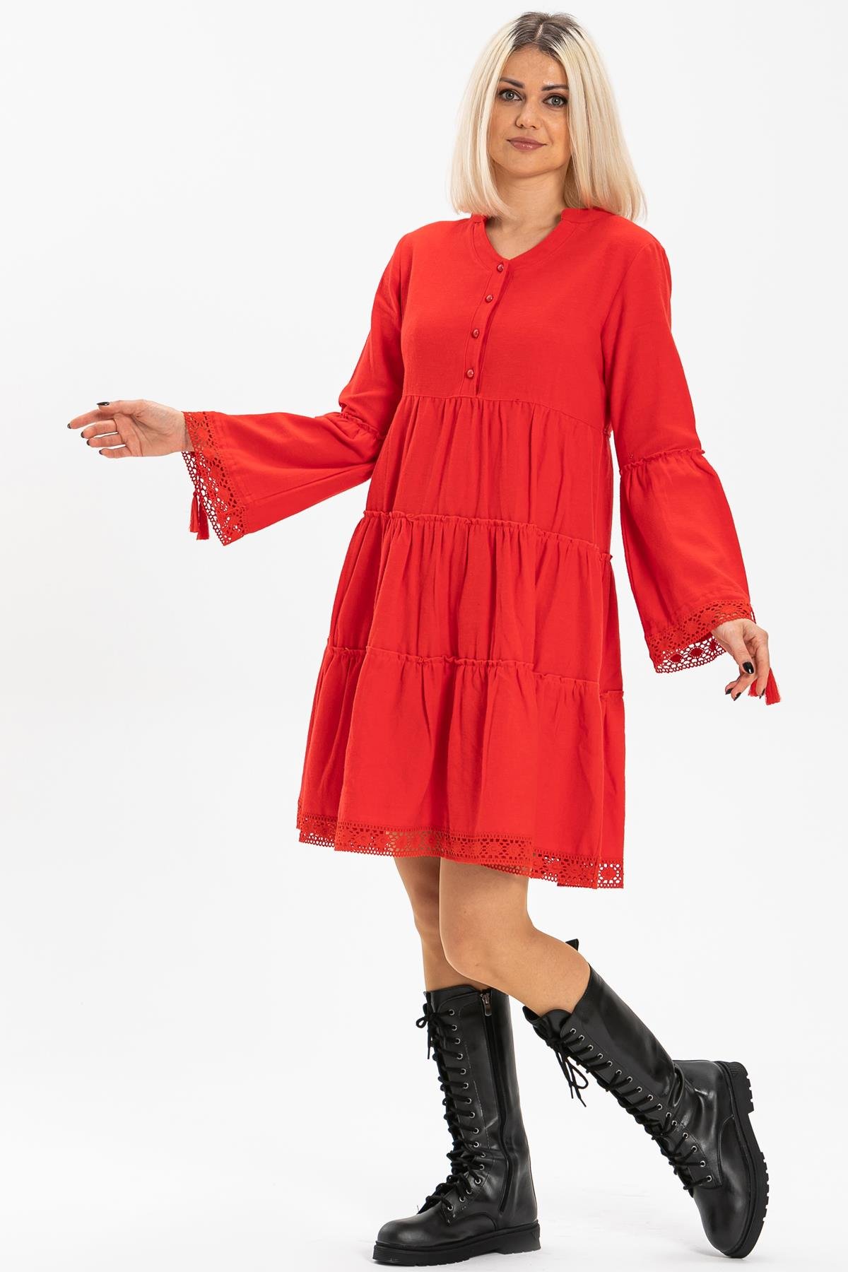 Uzun Kol Seçil Pazen Kısa Sonbahar ve Kışlık Elbise Kırmızı Krmz